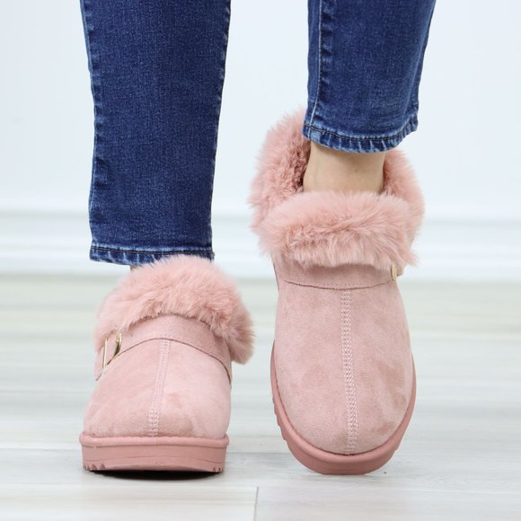 Faux Pink Suede Fuzzy Warm Ankle Booties Super Cozy Fully Lined - Picture 9 of 13